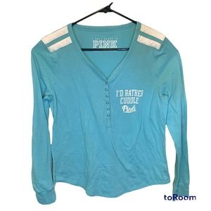 Pink Victoria's Secret Women sz L Turquoise Cuddle Striped Curved Hem Henley Top